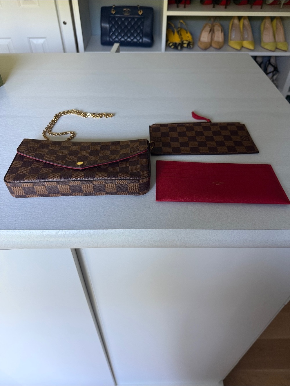 Louis Vuitton Brown Check Crossbody Wallet with Red Trim and Gold Chain